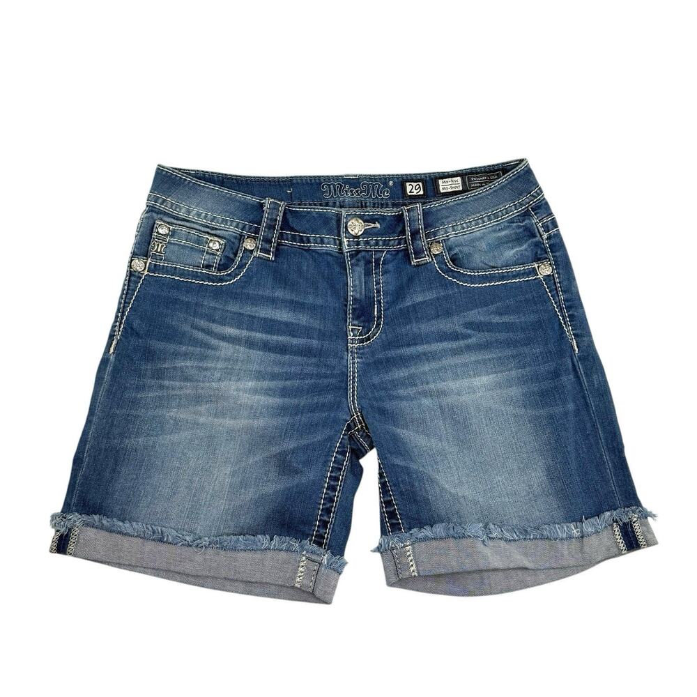 Miss Me Jean Shorts Womens 29 Mid Rise Cross Embellished Bling Y2K Fringe EUC